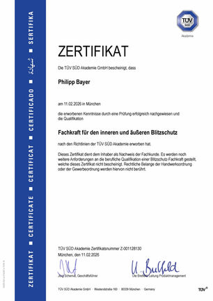 Zertifikat Philipp Bayer: Fachkraft für den inneren und äußeren Blitzschutz