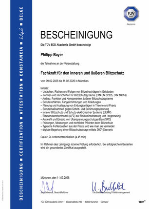 Teilnahmebescheinigung Philipp Bayer: Fachkraft für den inneren und äußeren Blitzschutz