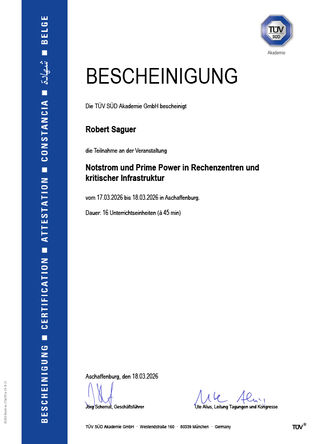 TÜV-Bescheinigung Robert Saguer: Notstrom und Prime Power in Rechenzentren und kritischer Infrastruktur